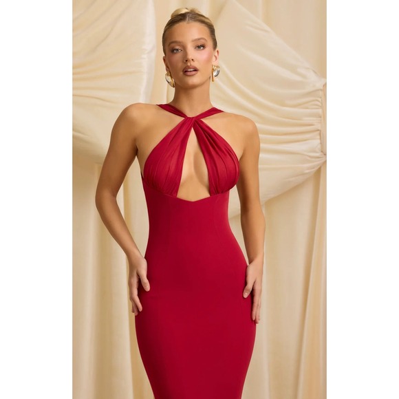 Oh Polly True Red Halter Twist Keyhole Open Back Maxi Dress 11937D Size 0 NEW - Picture 2 of 15